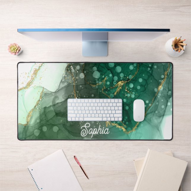 Glamour Green und Gold Wirbel Personalisiert Schreibtischunterlage (Büro 1)