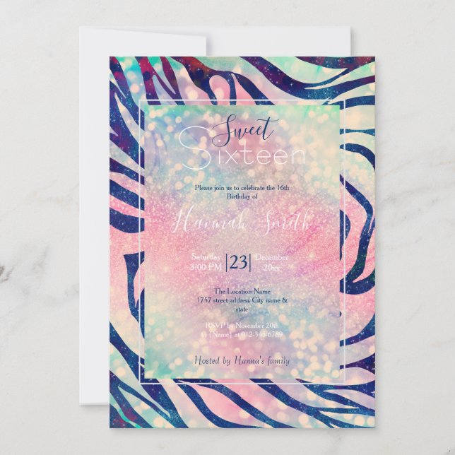 Glamour Holographic Glitzer Blue Zebra Stripes Einladung (Vorderseite)