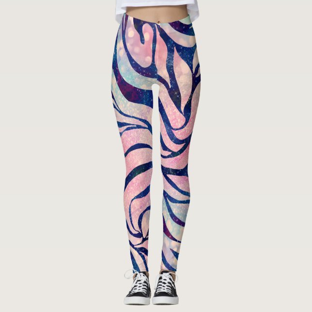 Glamour Holographic Glitzer Blue Zebra Stripes Leggings (Vorderseite)