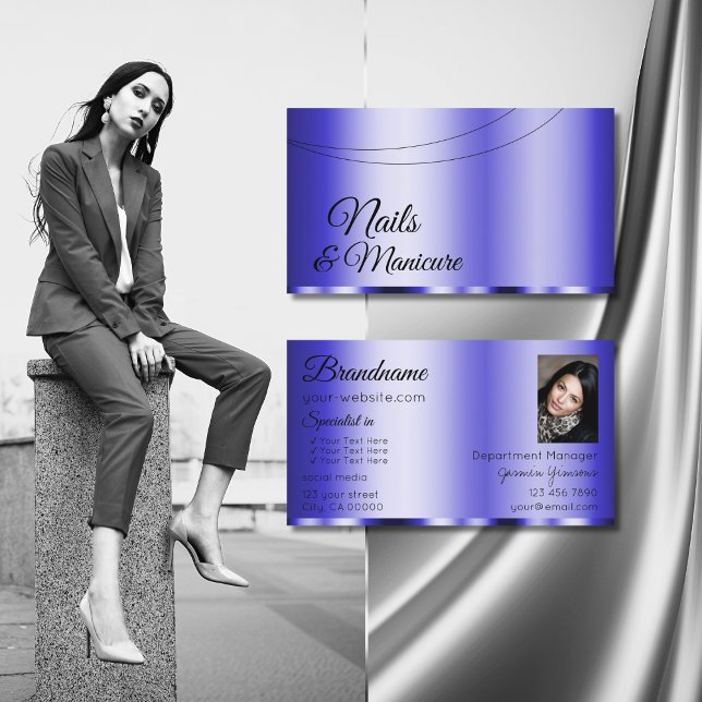 Glamour in schimmerndem Blau mit Foto Modern Visitenkarte (Von Creator hochgeladen)
