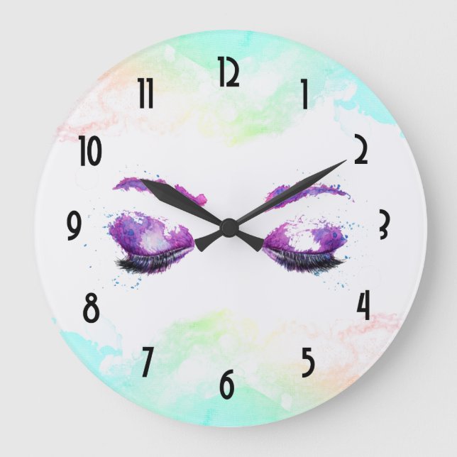 Glamour Lila Eyes & Brows Wasserfarbe Große Wanduhr (Vorderseite)