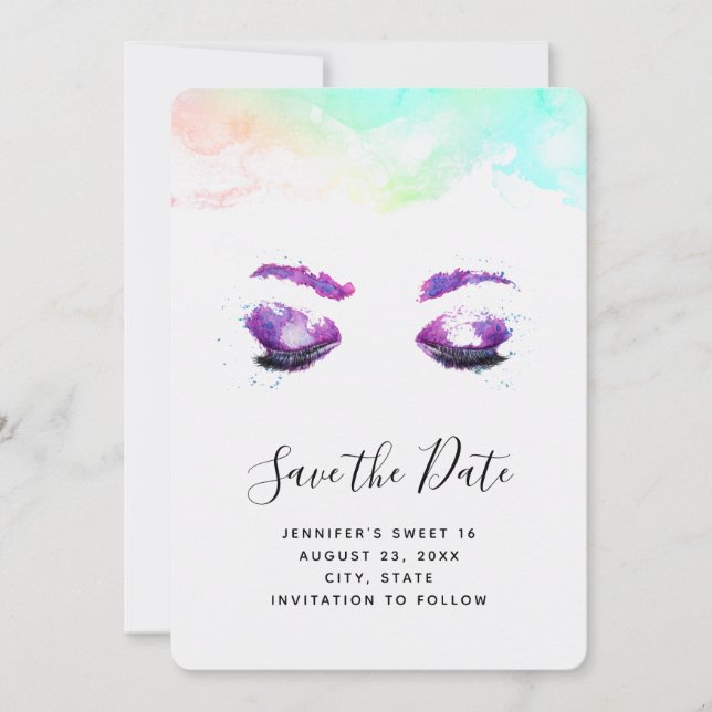 Glamour Lila Eyes & Brows Wasserfarbe Save The Date (Vorderseite)