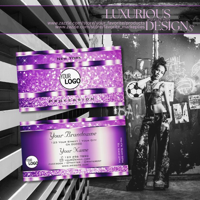 Glamour Lila funkelnde Glitzer-Stars und Logos Visitenkarte (Von Creator hochgeladen)