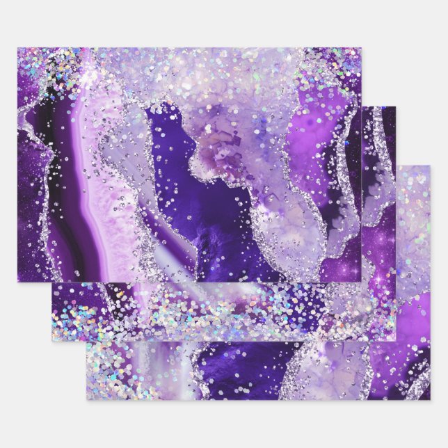 Glamour Lila & Silver Imitate Glitzer Agate Geschenkpapier Set (Set)