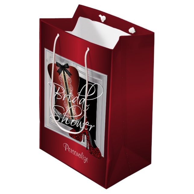 Glamour Lingerie Brautparty | Dunkelrot Mittlere Geschenktüte (Vorderseite Schrägansicht)