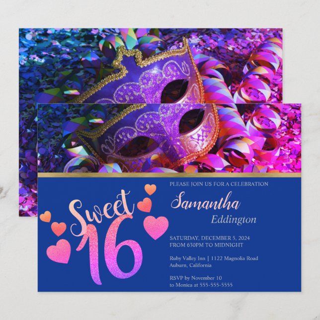 Glamour Masquerade Sweet 16 Einladung (Vorne/Hinten)