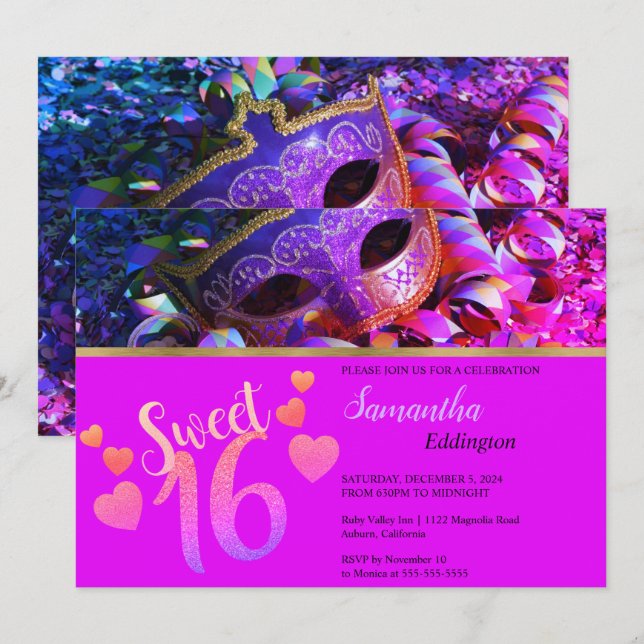 Glamour Masquerade Sweet 16 Einladung (Vorne/Hinten)