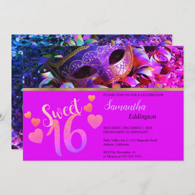 Glamour Masquerade Sweet 16 Invitation (Devant / Derrière)