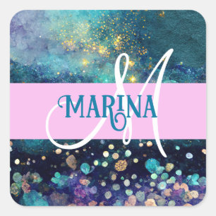 Glamour Meerjungfrau Aqua Gold Glitter Funkeln Mon Quadratischer Aufkleber