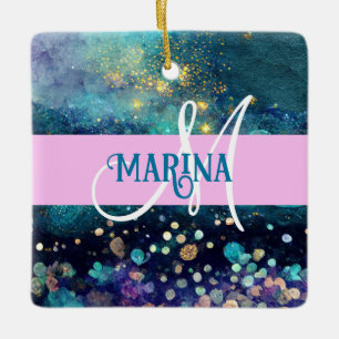Glamour Meerjungfrau Aqua Gold Glitter Funken Mono Keramikornament