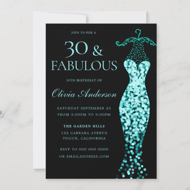 Glamour Mint Aquamarine Kleidung Fabulous 30. Gebu Einladung (Vorderseite)