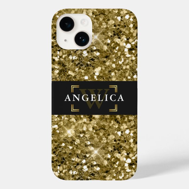Glamour Mit Monogramm Sparkle Metallic Gold Case-Mate iPhone 14 Hülle (Rückseite)