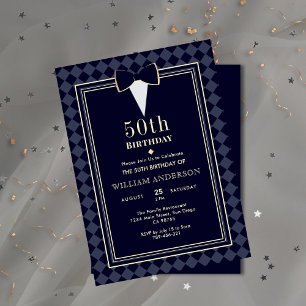Glamour Navy Blue & Gold Tuxedo Milestone Age Einladung