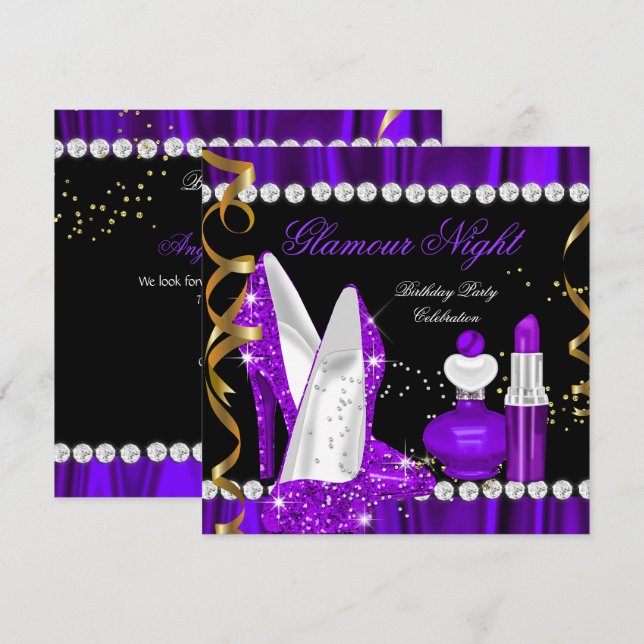 Glamour Night Glitzer Lila Gold Black Party 3 Einladung (Vorne/Hinten)
