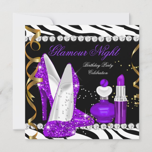 Glamour Night Glitzer Lila Gold Black Zebra Einladung (Vorderseite)
