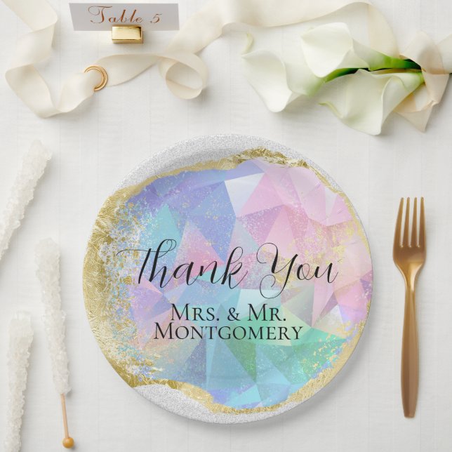 Glamour Opal Gemstone mit Gold auf weißem Glitzer Pappteller (Hochzeit)