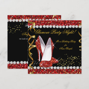 Glamour Party Night Red Glitzer Gold Black Shoes Einladung