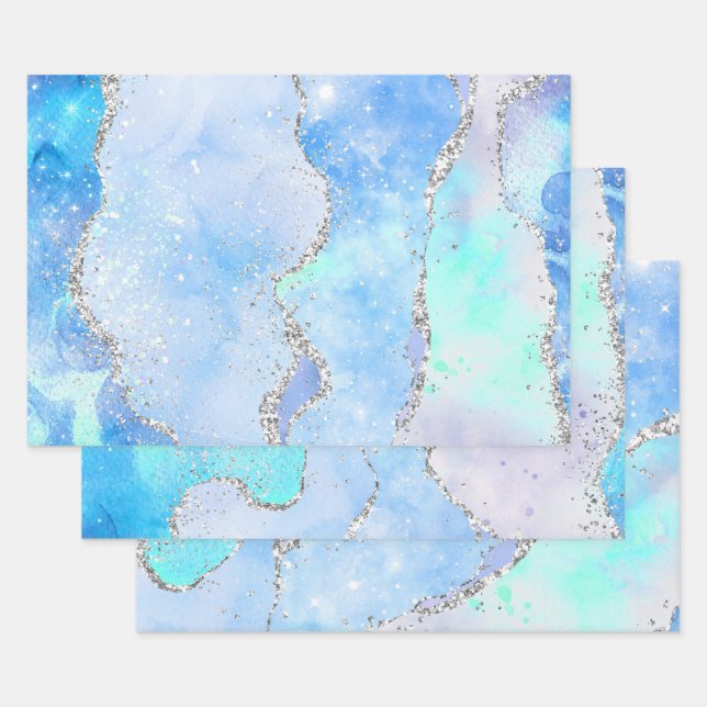 Glamour Pastell Blue & Silver Glitzer Agate Geschenkpapier Set (Set)