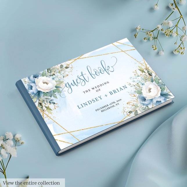 Glamour Pastell Blue White Gold Floral Gästebuch (Glamorous Pastel Blue White Gold Floral Guest Book)