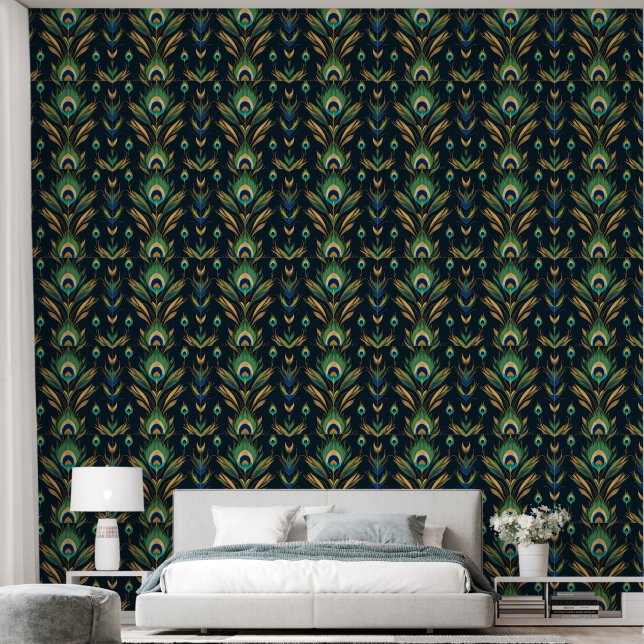 Glamour Peacock Feather Art Deco Wallpaper Tapete (Schlafzimmer)