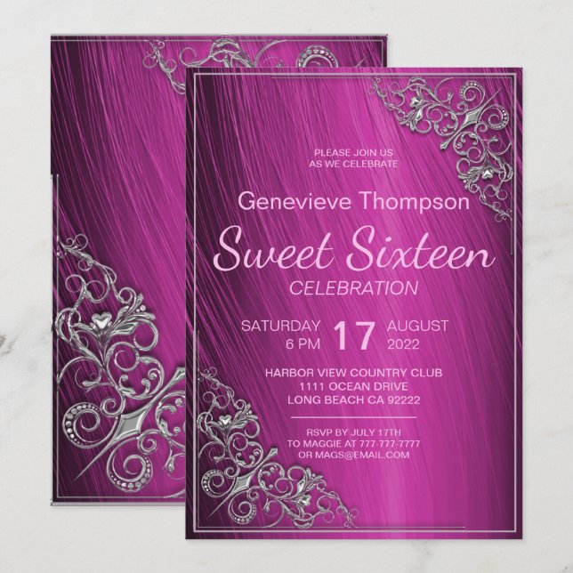 Glamour Pink 16 . Geburtstag Party Einladung (Vorne/Hinten)