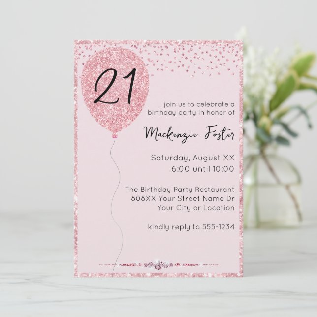 Glamour Pink Glitzer & Diamonds Birthday Balloon Einladung (Stehend Vorderseite)