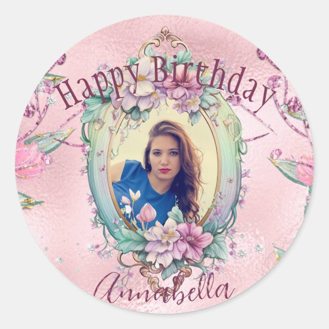Glamour Pink Glitzer Fairy Tale Foto Mirror Runder Aufkleber (Vorderseite)