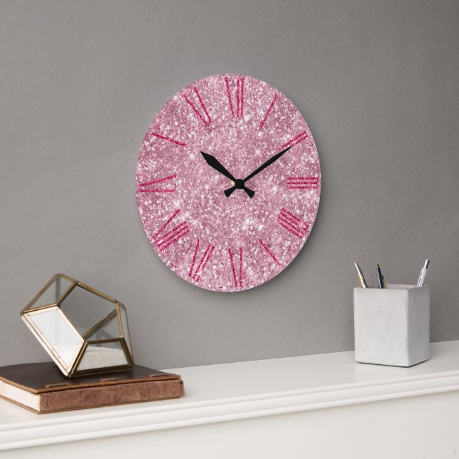 Glamour Pink Glitzer Große Wanduhr (Büro)