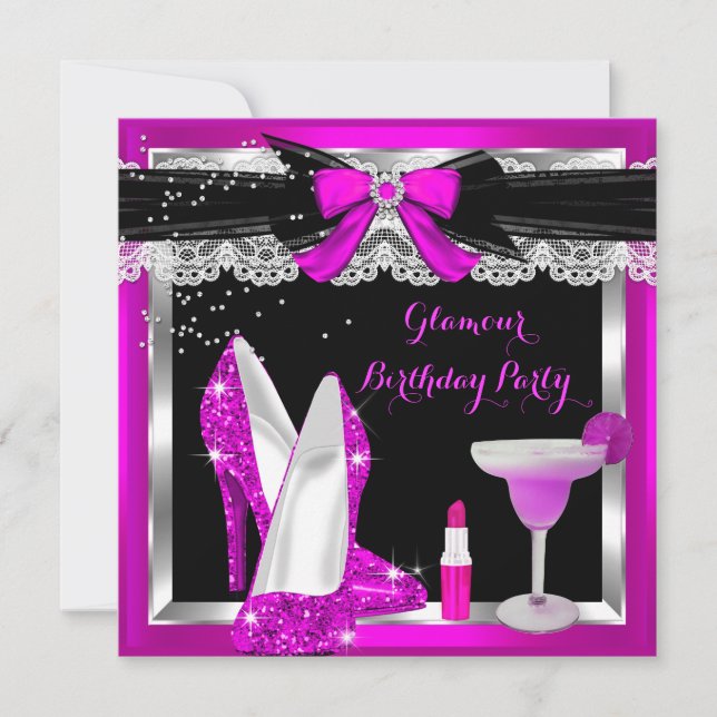 Glamour Pink Glitzer Heelse Silver Cocktail Party Einladung (Vorderseite)