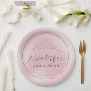 Glamour Pink Glitzer Tiara Quinceañera Pappteller
