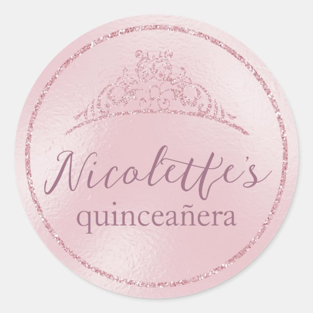 Glamour Pink Glitzer Tiara Quinceañera Runder Aufkleber (Vorderseite)