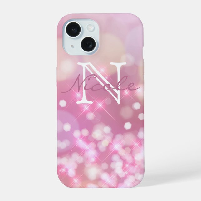 Glamour pink Glitzern Monogram iPhone 15 Hülle (Rückseite)