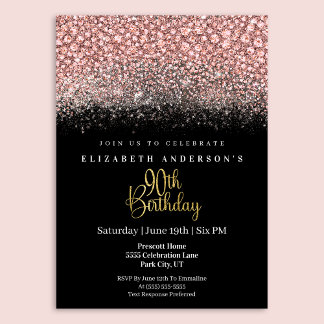 Glamour Pink Jeweled Glitter 90th Birthday Einladung