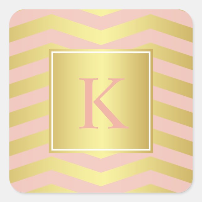 Glamour Pink und Gold Chevronen mit Monogramm Quadratischer Aufkleber (Vorderseite)