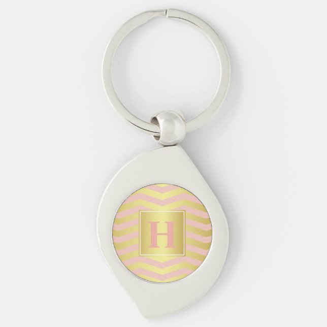Glamour Pink und Gold Chevronen mit Monogramm Schlüsselanhänger (Vorderseite)
