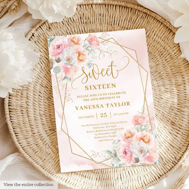 Glamour Powder Pink Gold Blume Sweet 16 Einladung (Glamorous Powder Pink Gold Flowers Sweet 16 Invite)