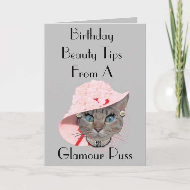 Glamour Puss große rosa Hut lustige graue Katze Ge Karte (Vorderseite)