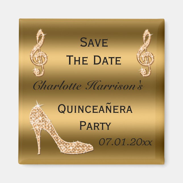 Glamour Quinceañera Save the Date Gold Stiletto Magnet (Vorne)