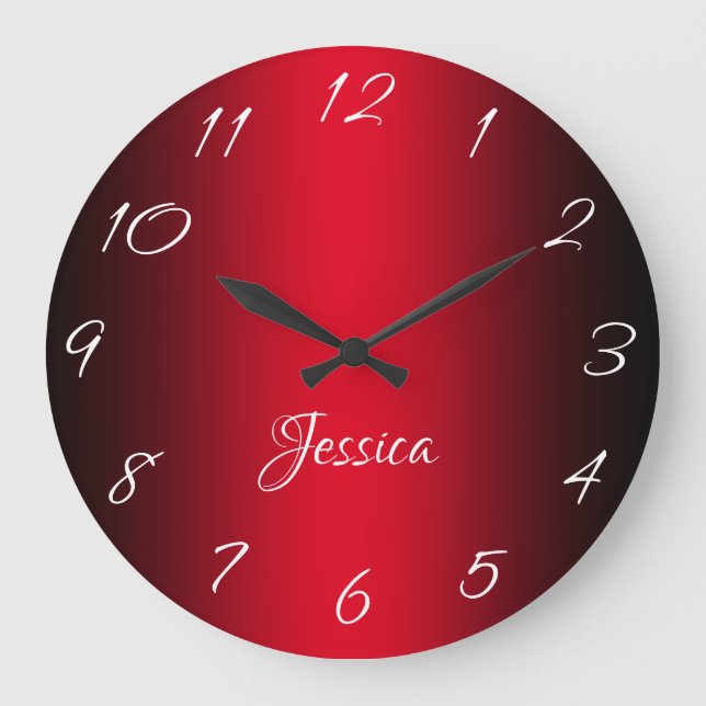 Glamour Red and Black Ombre Personalisiert Große Wanduhr (Vorderseite)