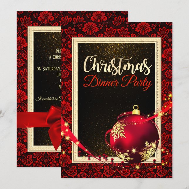 Glamour Red Damask Weihnachtsessen Einladung (Vorne/Hinten)