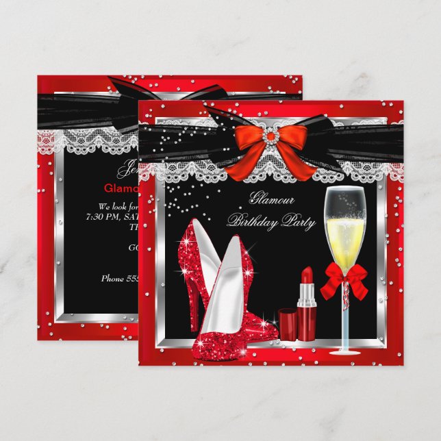 Glamour Red Glitzer Heelses Silver Champagne Party Einladung (Vorne/Hinten)