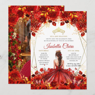 Glamour Red & Gold Floral Princess Quinceanera Einladung