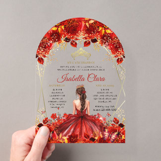 Glamour Red & Gold Floral Quinceanera Acryleinladungen