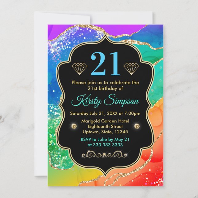 Glamour Regenbogen Alkohol Tinte Agate Geburtstag Einladung (Vorderseite)