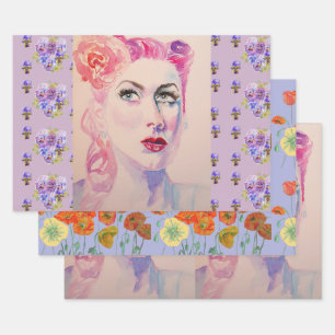Glamour Retro Frau Vintag Lila Wasserfarbe Geschenkpapier Set