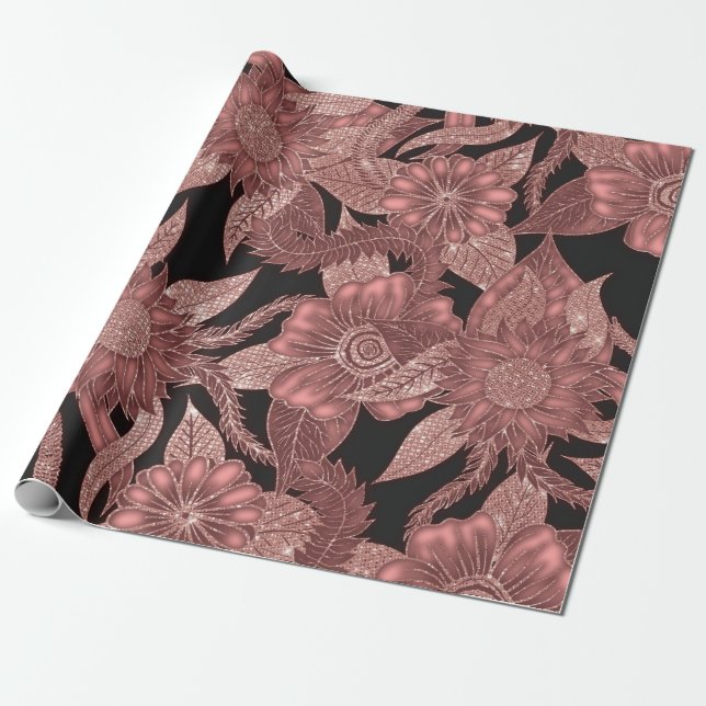 Glamour Rose Gold Black Glitzer Blume Geschenkpapier (Ungerollt)