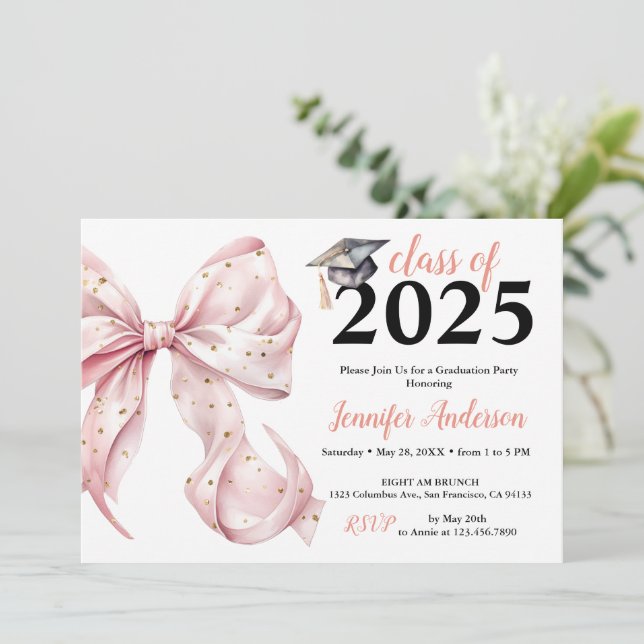 Glamour Rose Gold Bow Graduation Party Einladung (Stehend Vorderseite)