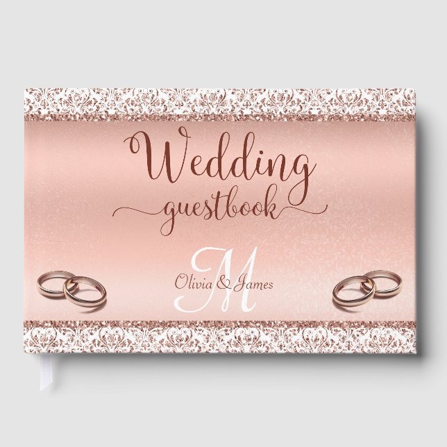 Glamour Rose Gold Damask Metallische Hochzeit Gästebuch (Vorderseite)