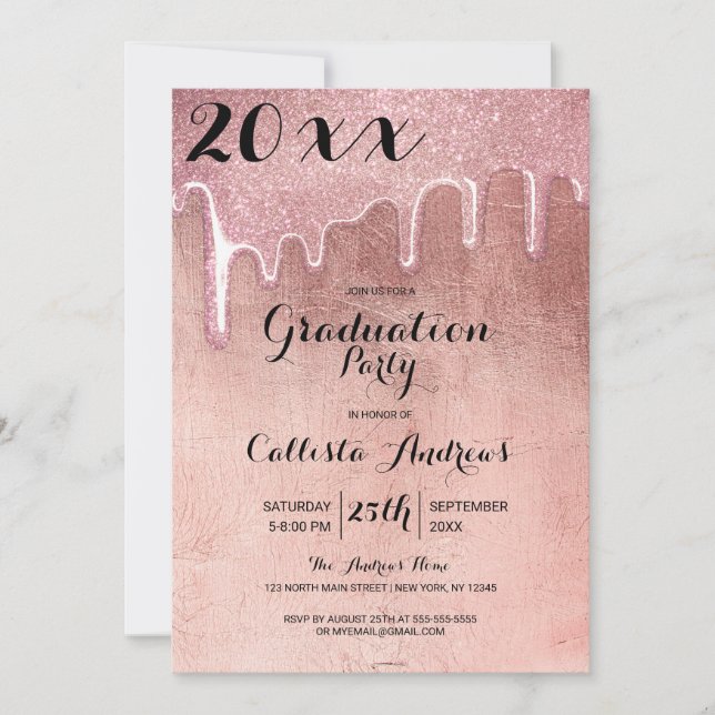 Glamour Rose Gold Dick Glitzer Tropfen Abschluss Einladung (Vorderseite)