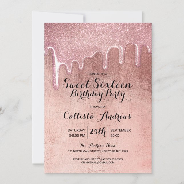 Glamour Rose Gold Dicker Glitzer Tropfen Sweet 16 Einladung (Vorderseite)
